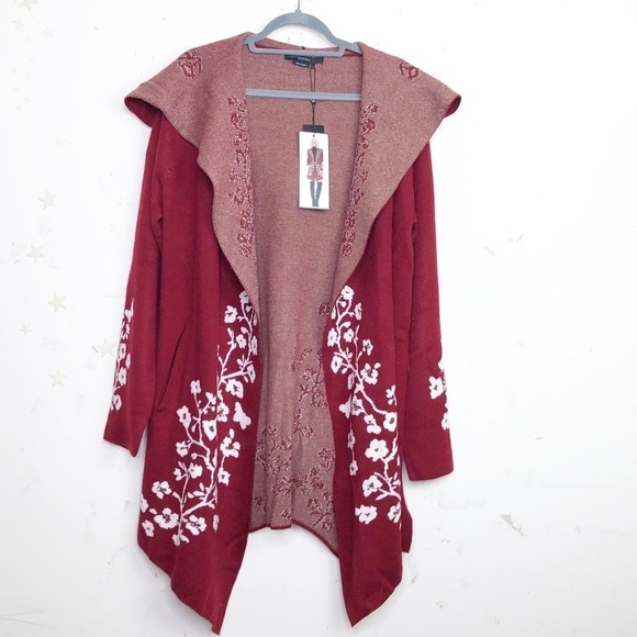 𝅺Vertigo poppy intarsia burgundy & white floral hooded cardi sweater coa… - Picture 3 of 15